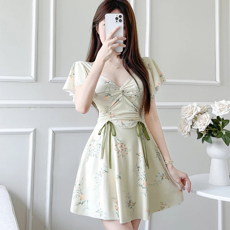 Elegant Pleated Ruffle Sleeve Swimsuit Women Fashion Printed Beach Bathing Suit Conservative Belly Covering Slimming Swimwear