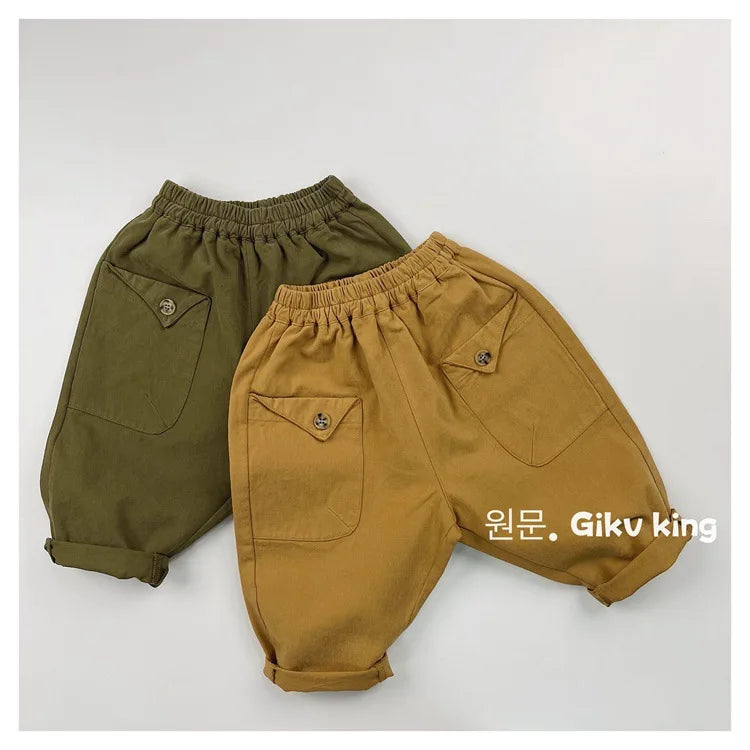 2025 Herfst Nieuwe Kinderen Losse Broeken Baby Meisjes Effen Vintage Casual Broek Peuter Jongens Veelzijdige Cargo Broek Kinderkleding 4-6Y Unisex