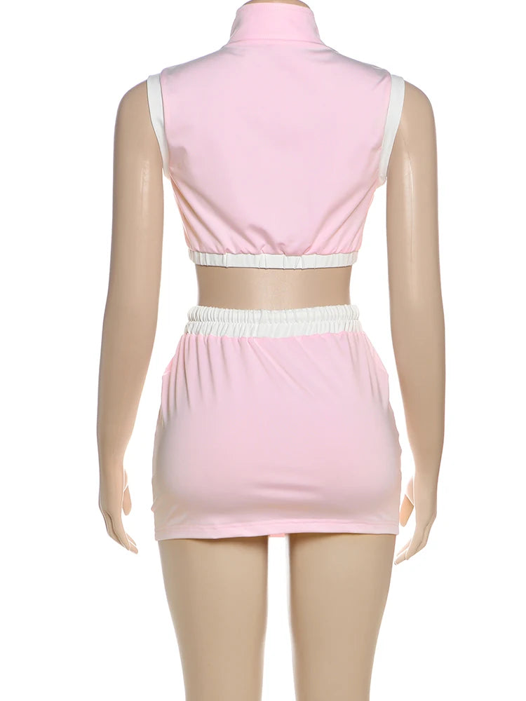 Sporty Casual Women Tracksuit 2 Piece Set Summer Patchwork Zip Tank Tops + Bandage Skirts Matching Stretch Slim Outfits