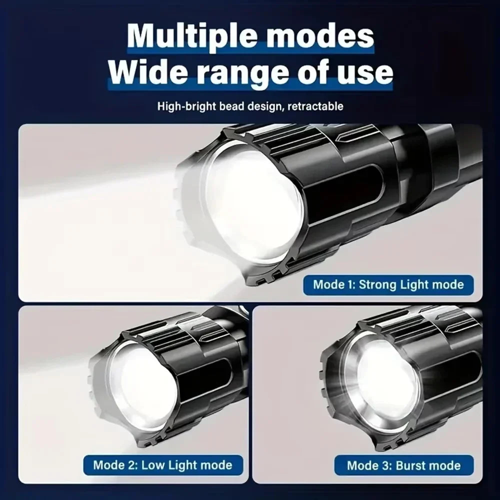 Super Bright Zoom Flash Flashlight,3 Lighting Modes,Rechargeable Portable LED Torch,Ideal for Outdoor,Camping,Fishing,Emergency