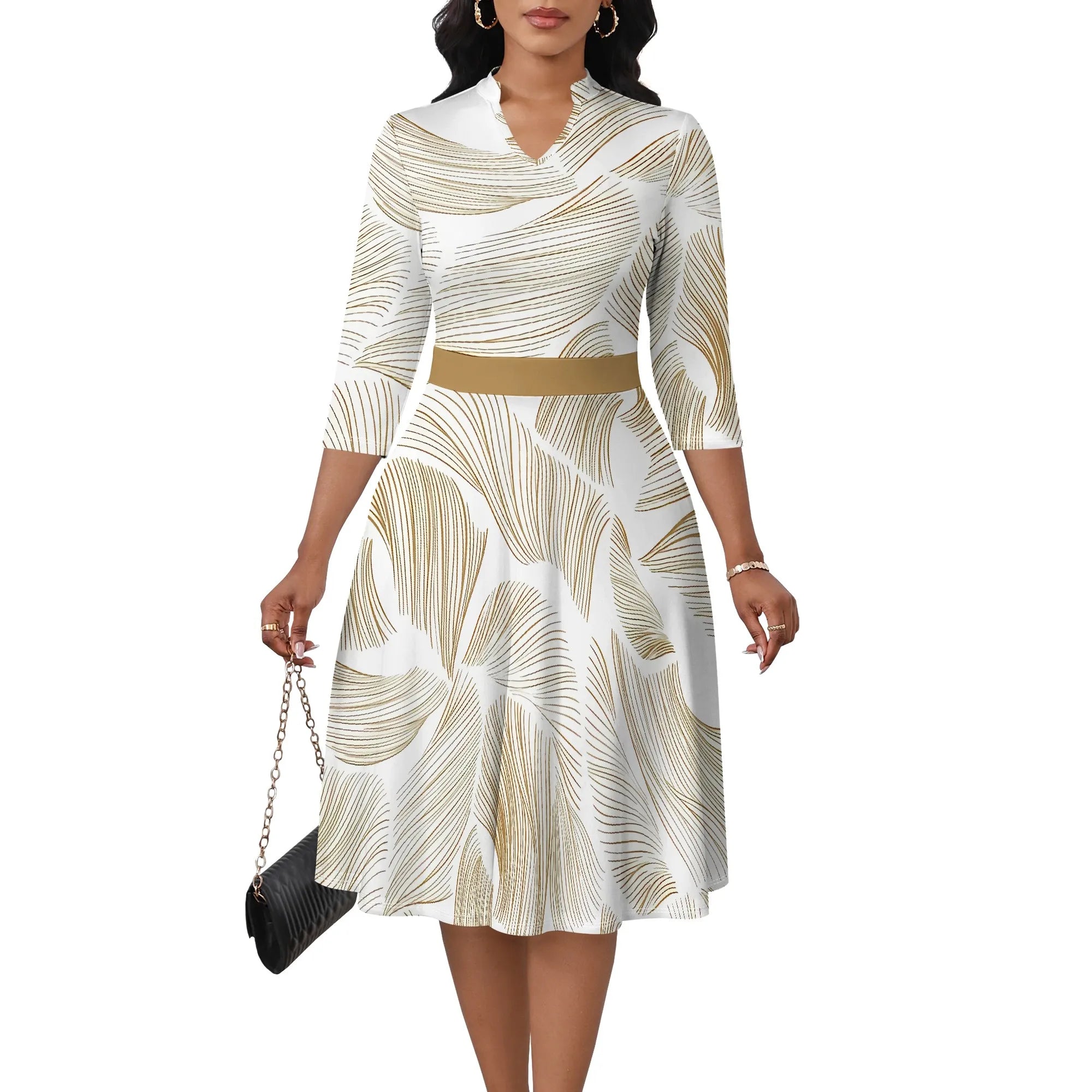 Women's Abstract Off Shoulder Maxi Dress 3/4 Sleeve Blue Gold Slit Party Evening