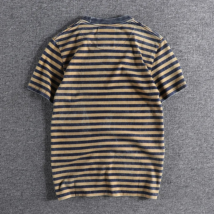 Summer New Japanese Retro Short Sleeve Striped T-shirt Men's Fashion 100% Cotton Slim Simple Round Neck Washed Old Casual Tops