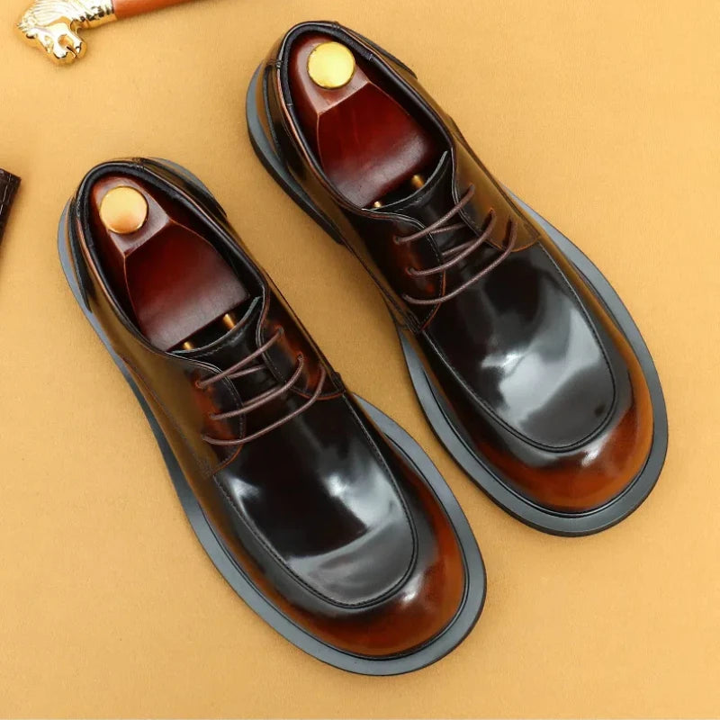 Men's business lace up casual leather shoes British big toe shoes cowhide patent leather round toe derby shoes Retro men's shoes
