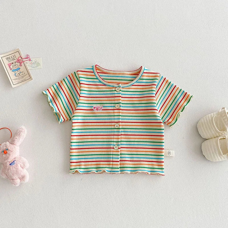 New Summer Girls Colourful Striped Cardigan Kids Short-Sleeved Knitted Sweater Children Cute Lace Bow Jeans 0-5Y Girls