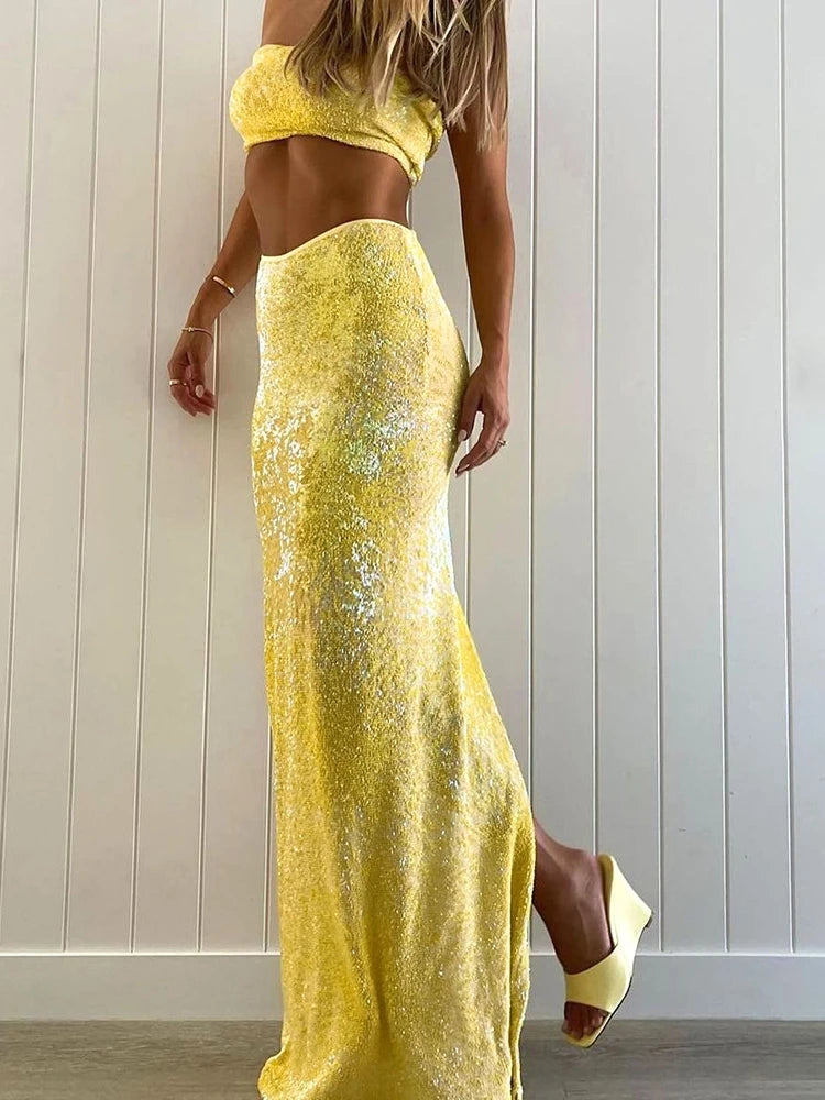 Sequins 2-Piece Set Women Glitter Tube Tops + Long Skirts Skinny Summer Trend Beach Party Matching Vacation Sexy Suit