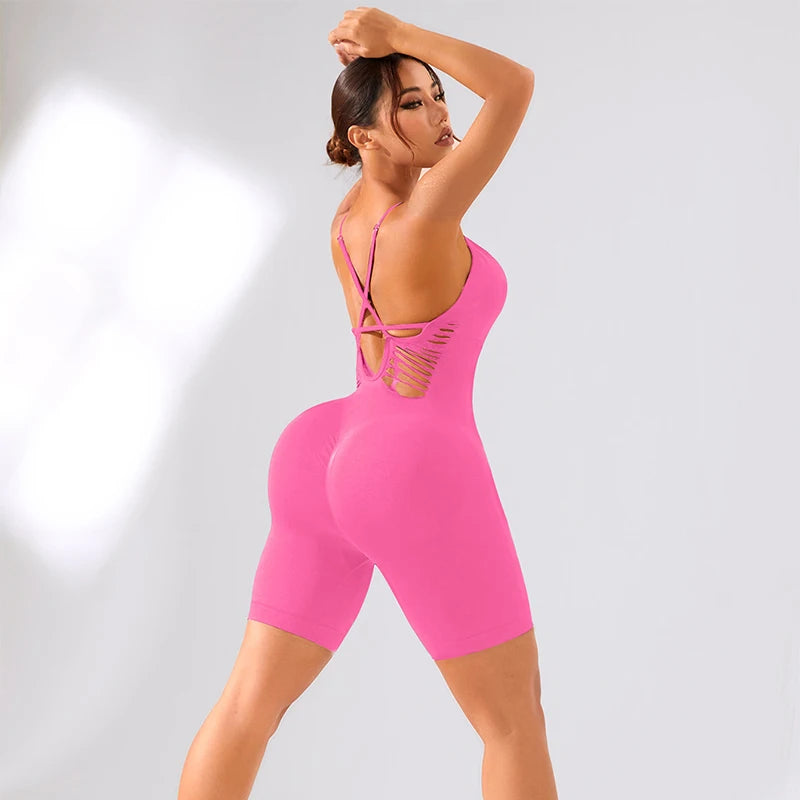 Sexy Ribbed V-Neck Sport Romper Fashion Seamless One Piece Yoga Clothing Plain Solid Fitness Butt Lifter Short Jumpsuit 2025 New