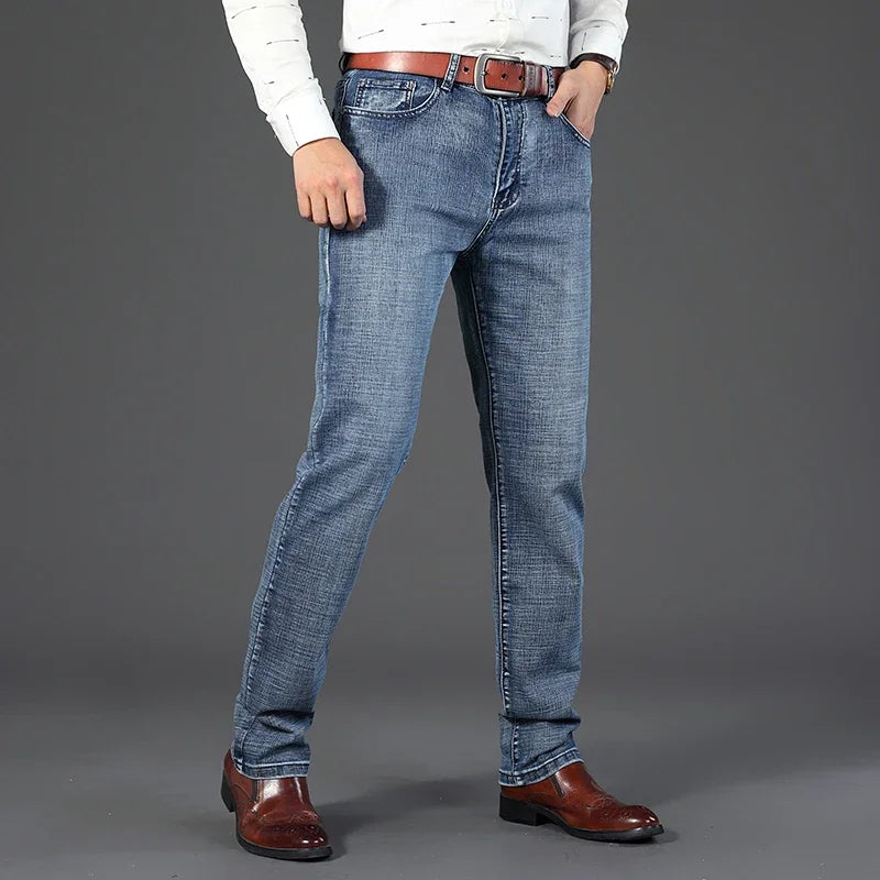 New Business Men's Jeans Casual Straight Stretch Fashion Classic Blue Black Work Denim Trousers Male Brand Clothing