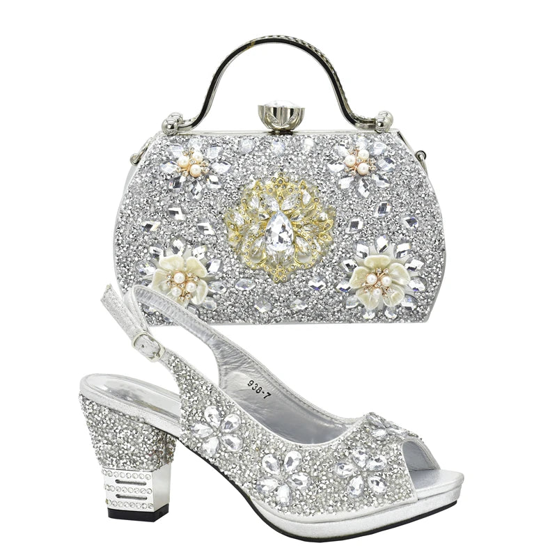 Italian Women Wedding Shoes and Bag Set Decorated with Rhinestone Africa Shoe and Bag Set Plus Size Heels 43 Wedding Shoes Bride