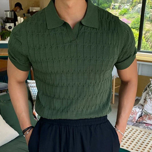 Men's Jacquard Knitted Polo, Casual V-Neck Striped T-shirt, Solid Colour Short Sleeved Lightweight Breathable Luxury Male Clothing