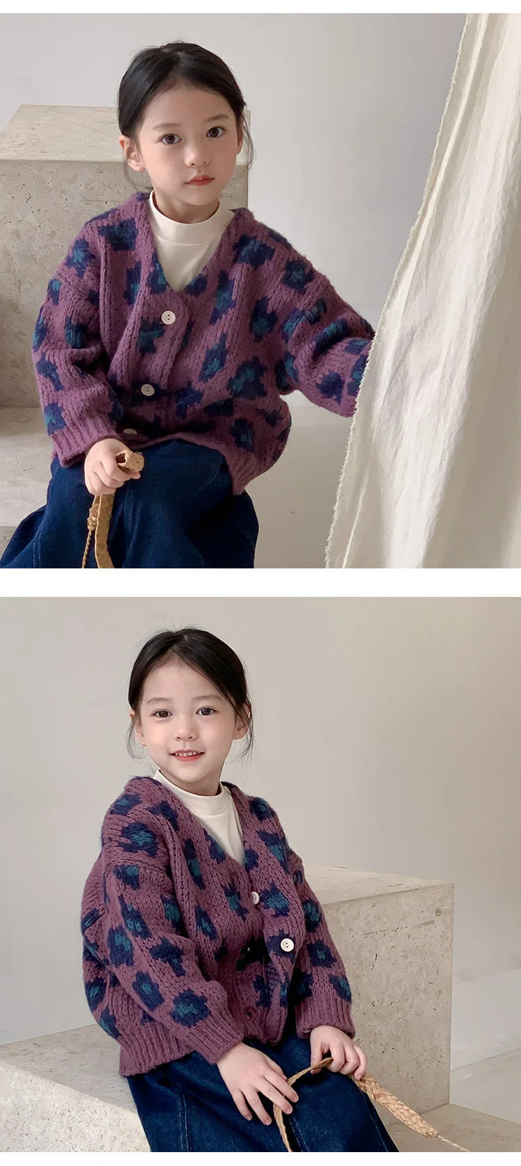 Girls' Autumn Vintage Korean Trendy Leopard Knit V-Neck Cardigan Coat For Children 1-7Y