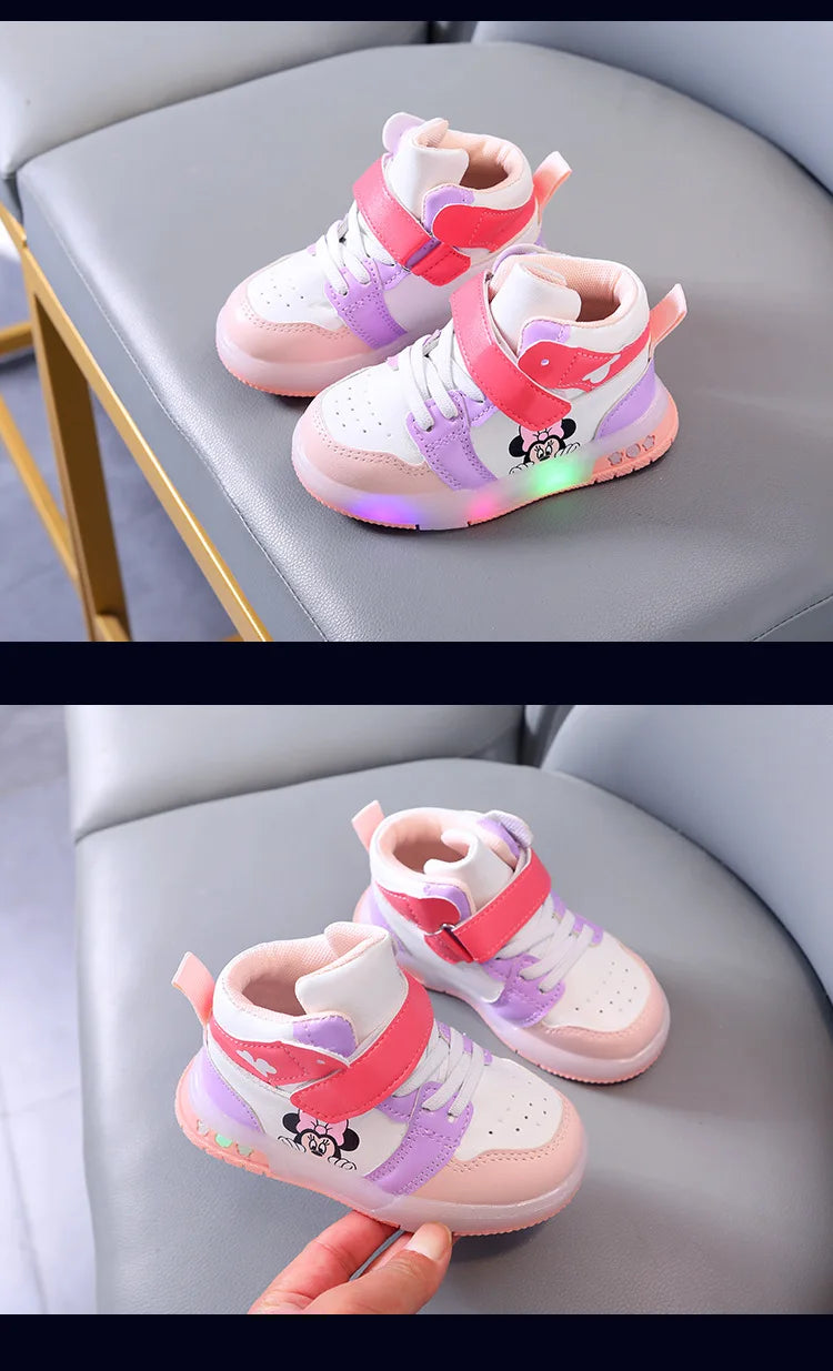 Disney Girls' Casual Sneakers PU Leather Mickey Mouse LED Light-Up Children's Sneakers - 1-6 Years Old Sports Casual Footwears