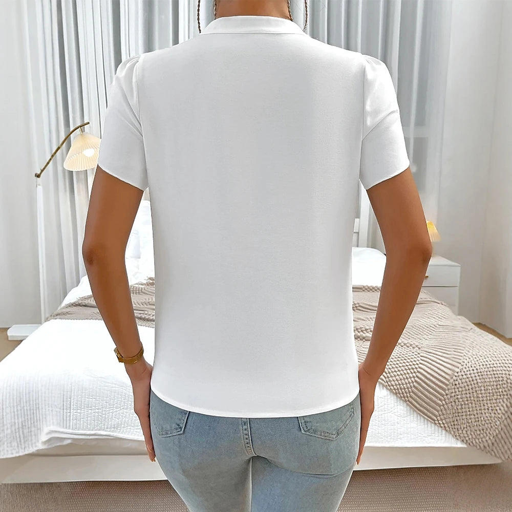 Blouses Summer Korean Fashion 2025 Plain Business Short Sleeve V-Neck Daily Blouses