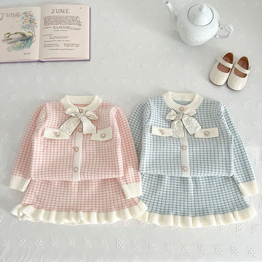 Spring Autumn Children's Clothing Set Girls Plaid Knitted Sweater and Skirt 2PCS Trendy Bow Cardigan Outfit 1-5Y Girls