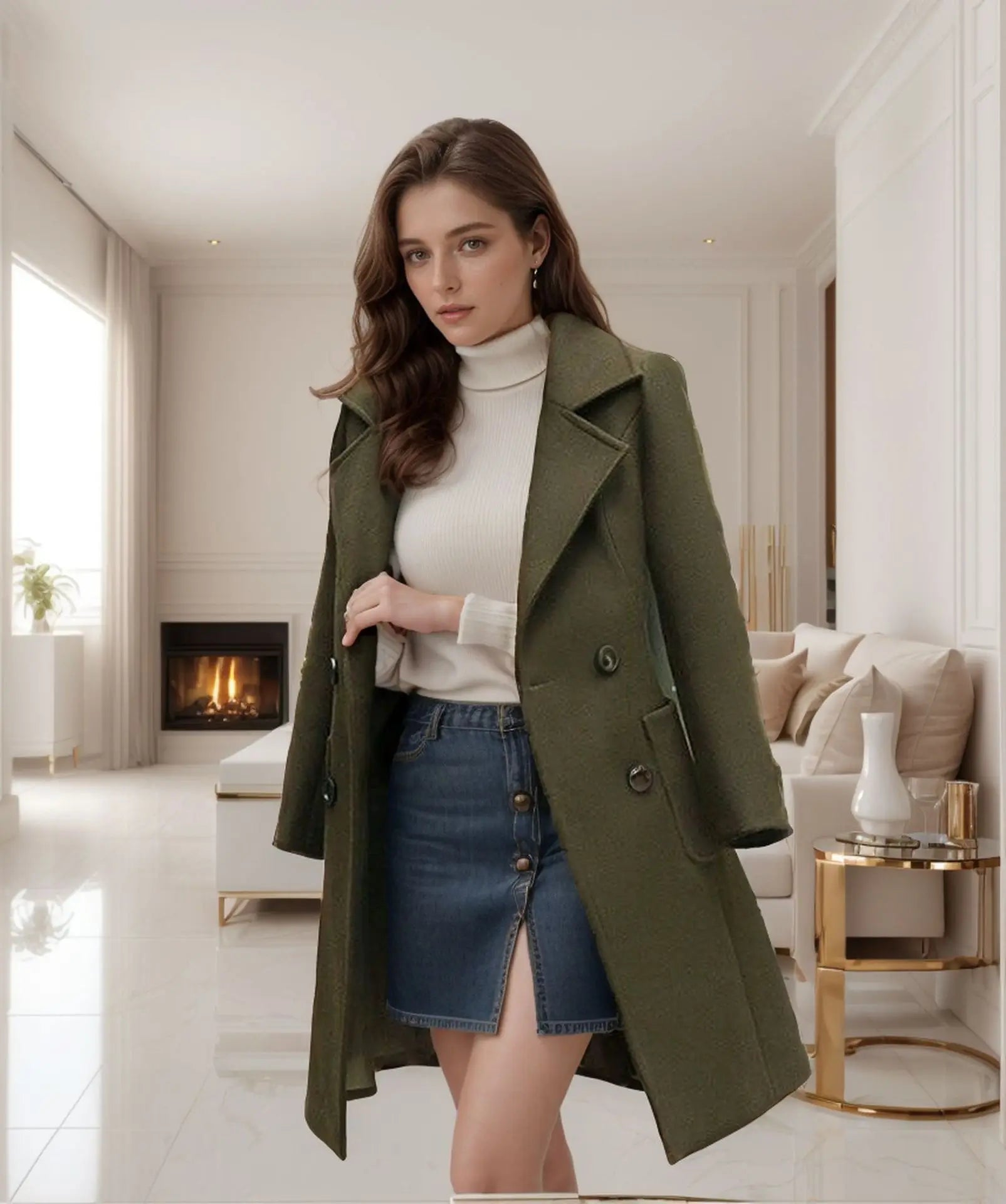 2024 Autumn Winter Women Long Woolen Coats Double Breasted Female Solid Color Slim Fit Outerwear Turn-down Collar Streetwear