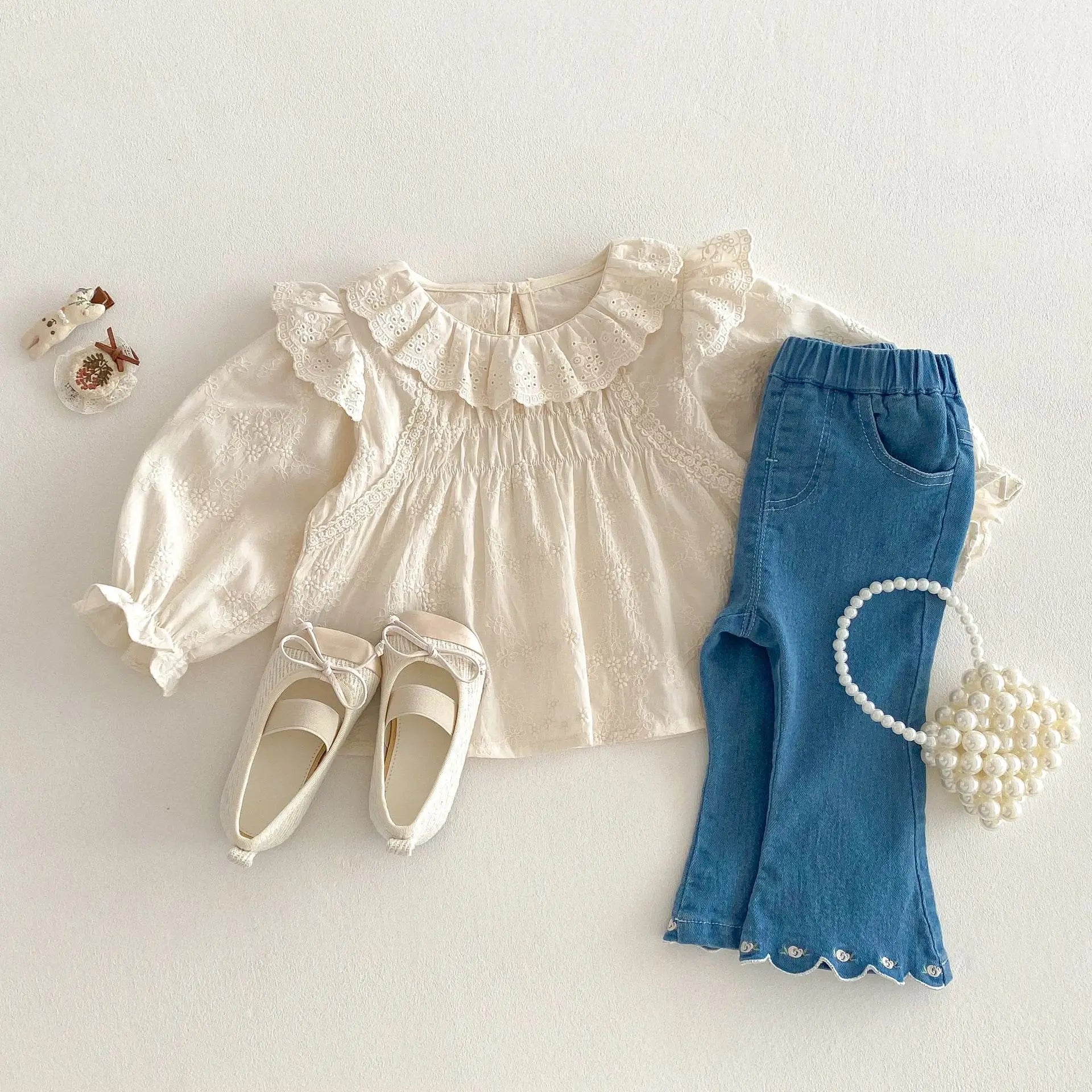 Spring Korean Style Girls' Doll Shirt Cute Embroidered Flowers Kid's Blouse Children's Baby Peter Pan Collar Shirt Base Top 0-5Y Girls