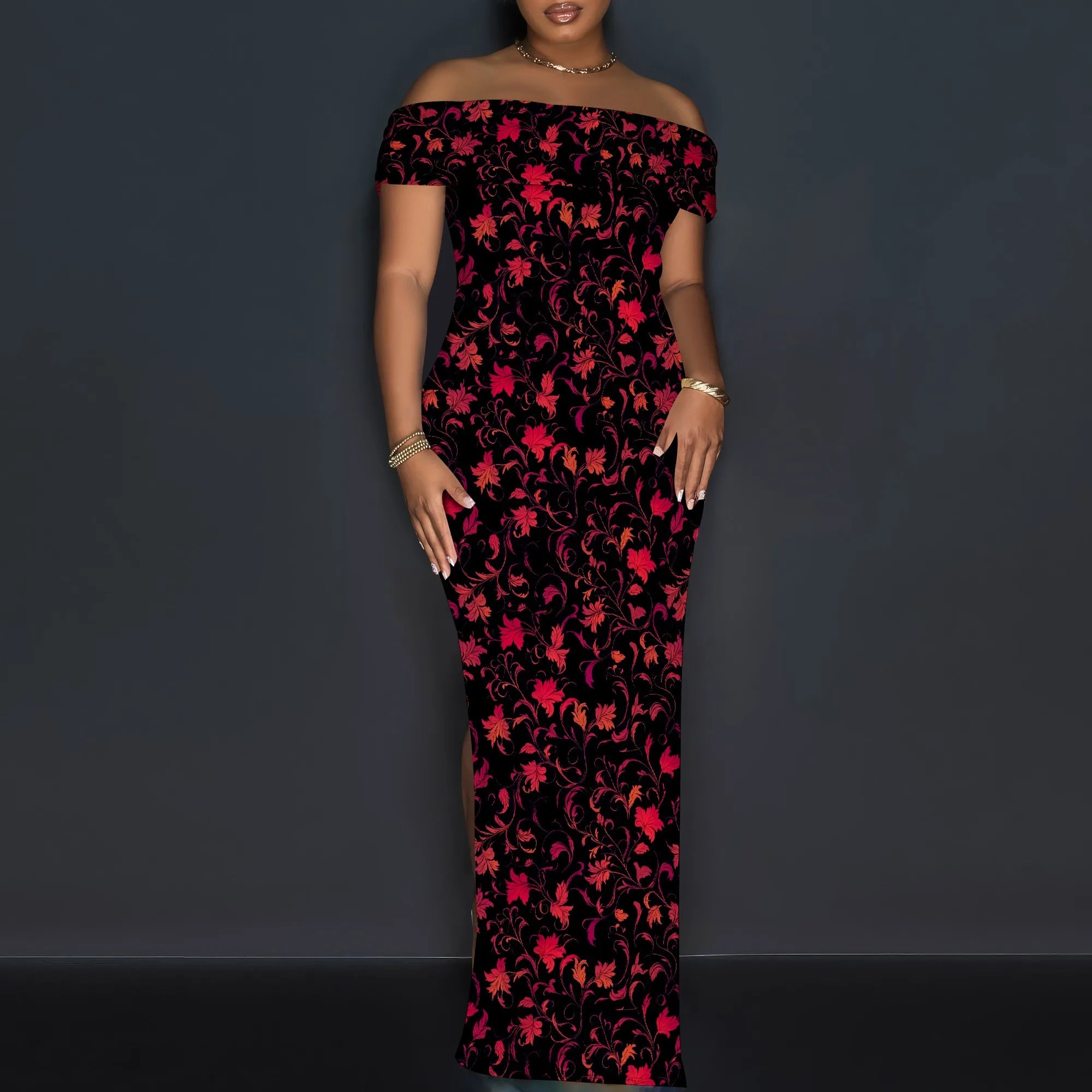 Vintage Floral Off Shoulder Maxi Dress Women Elegant Red Print Bodycon Long Gown Evening Look