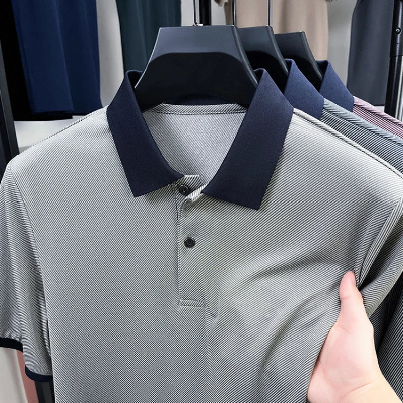 Men’s Breathable Polo Shirt – Stretch Fabric & Striped Design for Office/Casual Use Elastic Comfort and Classic Collar M-4XL