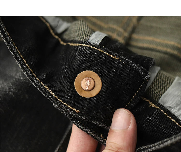 Herfst Nieuwe Amerikaanse Retro Zware Zwarte Denim Stretch Jeans Heren Eenvoudige Gewassen Oude Casual Rechte Slanke Potloodbroek