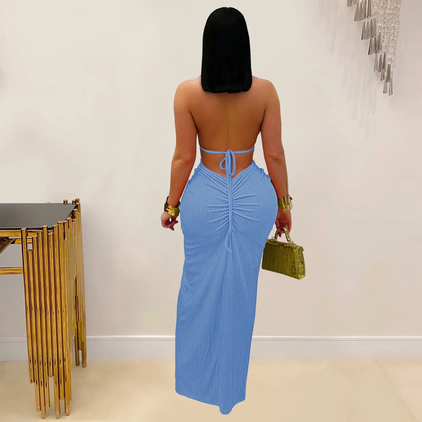 Bohemia Knitted Women Maxi Dress 2025 Summer Halter Lace Up Backless Split Sheath Vestidos Beach Vacation Robe