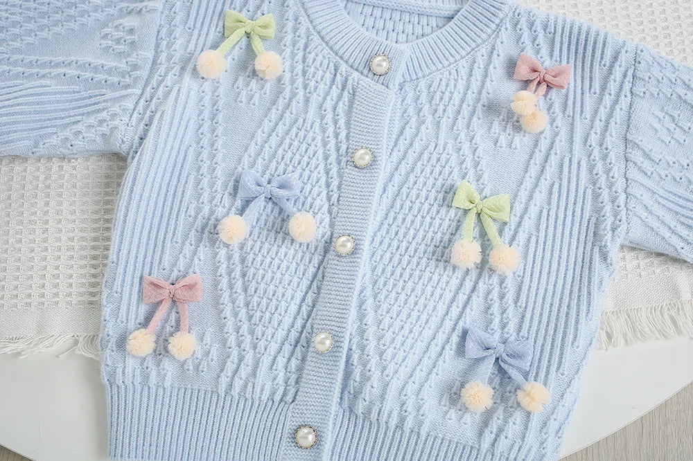 New Autumn Kids Knitted Cardigan Candy Colour Bow Girls Knitted Sweater Korean Loose Children Tops 9M-5T Girls