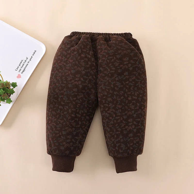 2024 New Children's Pants Girls Wheat Ear Printed Thick Trousers Winter Fur Lining Boys Warm Casual Pants 0-5Y Unisex