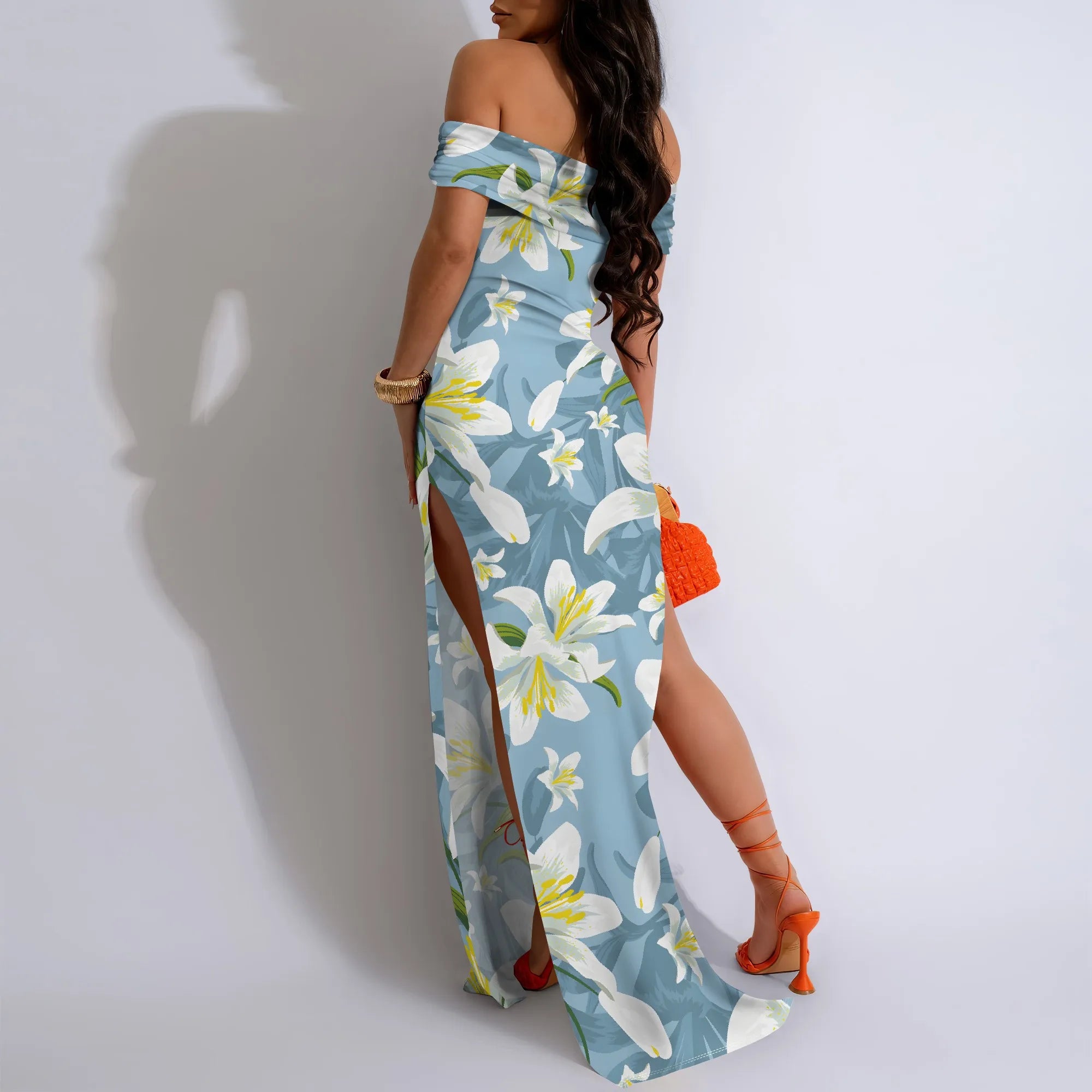 Lily Floral Off-Shoulder High Slit Maxi Dress - Women's Fresh Elegant Party Evening Resortwear Date Night