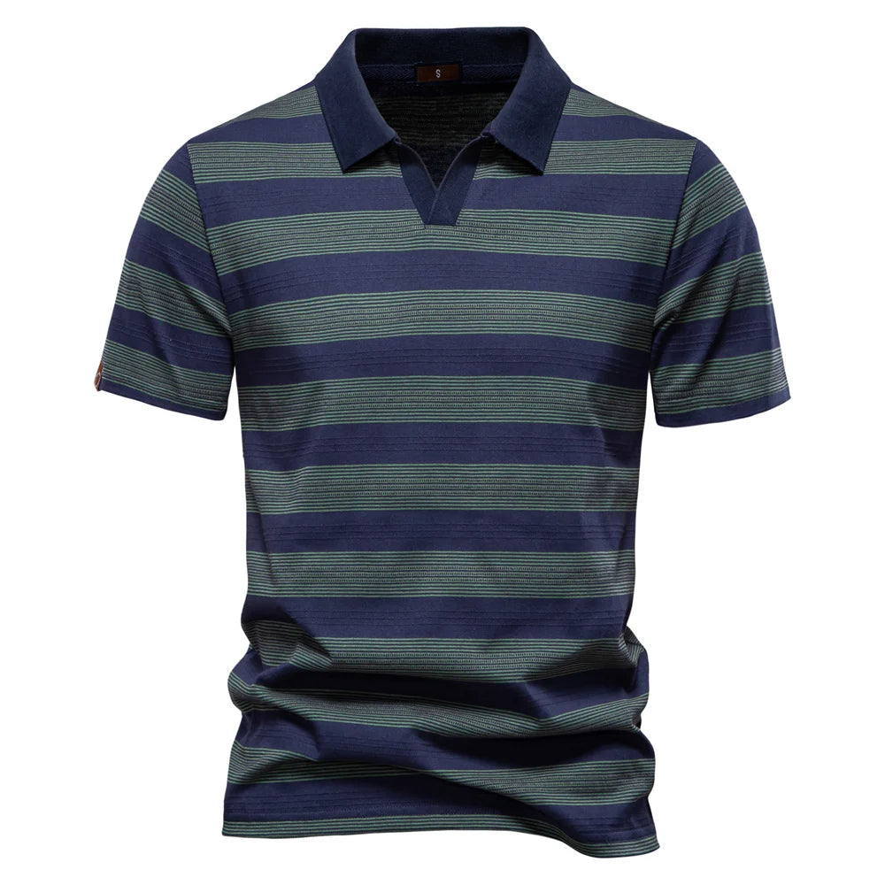 2025 New Summer Striped V Neck Cotton Polo Shirts for Men Breathable Short Sleeve Casual Knit Shirts Comfort Fit