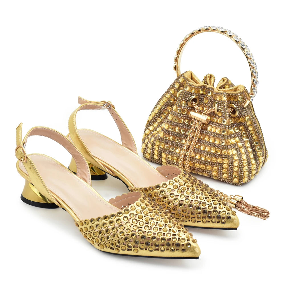 Italian Shoes with Matching Bags Set Rhinestone-Decorated with Medium Heels  for African Ladies' Party Pumps