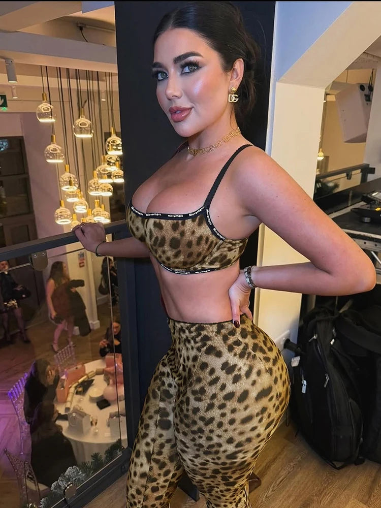 Stretch Women 2 Piece Set Activity Leopard Print Sexy Tracksuit Streetwear Sporty Camisole Vest + Leggings Skinny Outfits