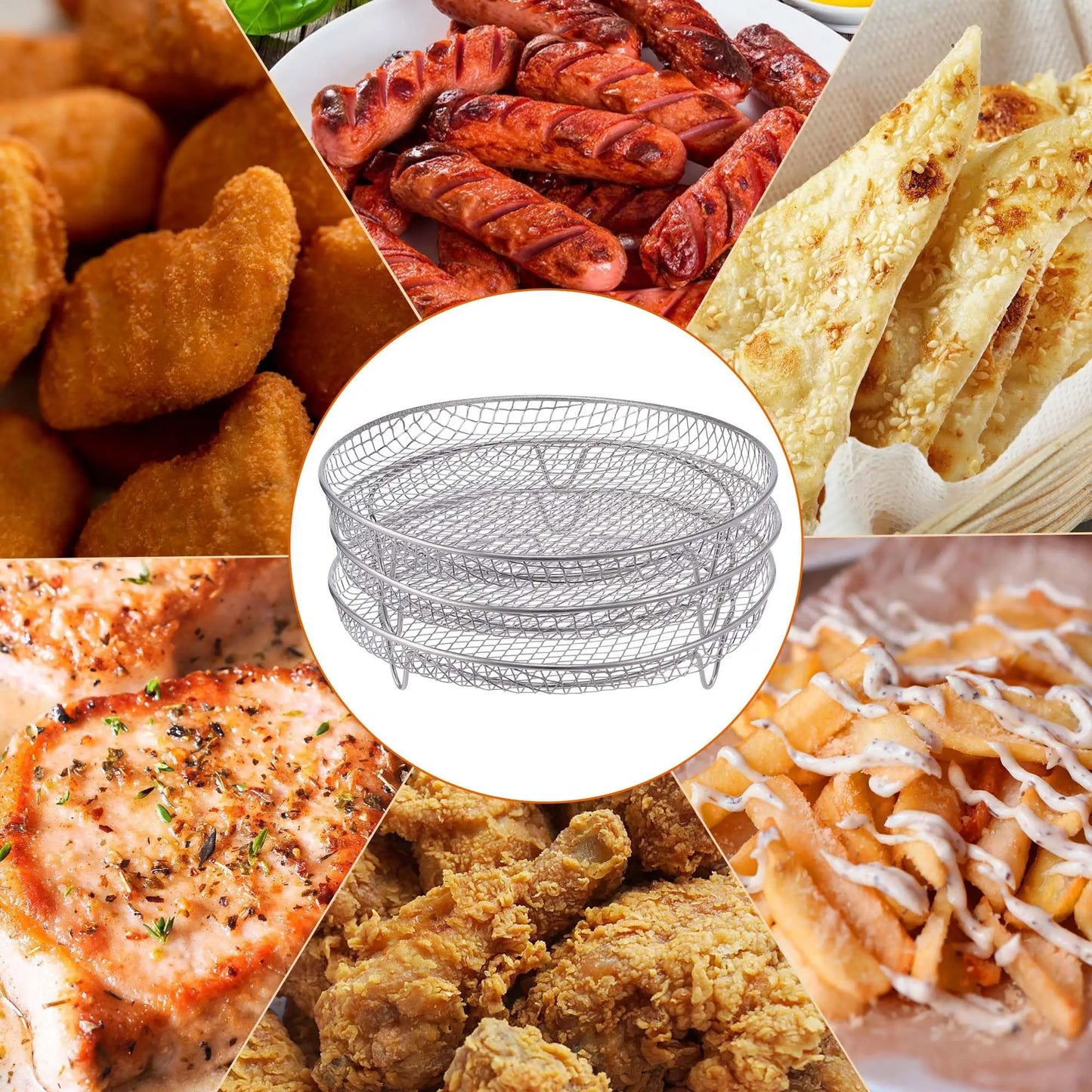 Airfryerrek, set van 3, stapelbaar meerlaags roestvrijstalen droogrek, Airfryer-accessoires, stoommandje voor de oven