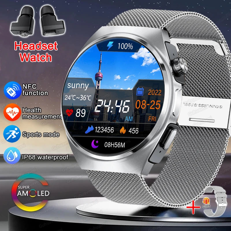 NFC Smart Watch Headset Two In One NFC Multiple Sports Track Health Monitor Sport Tracker Custom dial Watch - Compatible with HUAWEI, & Xiaomi IOS