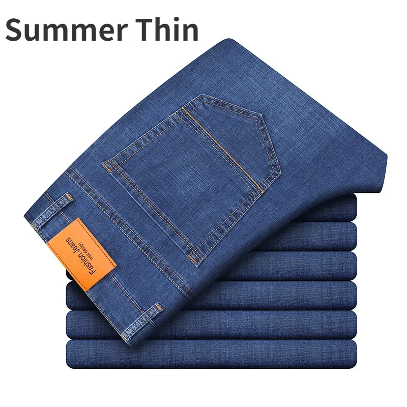 2025 Dunne of dikke stoffen kantoor- en zakenjeans voor heren, klassiek blauw, zwart, katoenen stretch, rechte denimbroek, herenmerkbroeken