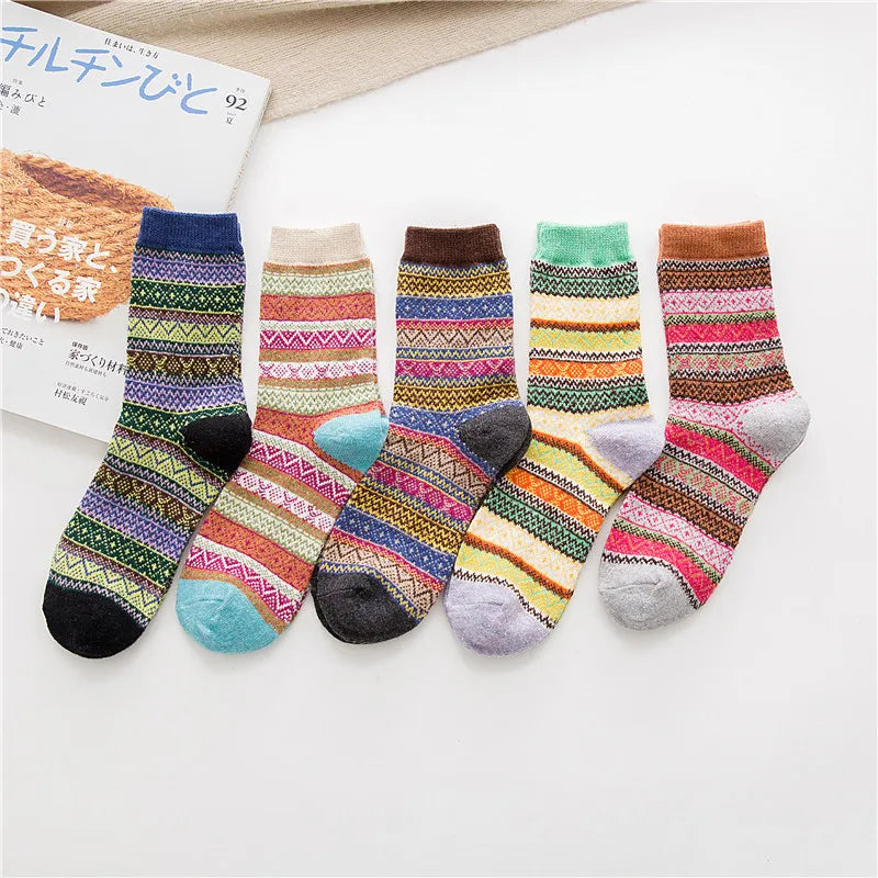 5 Pairs Winter New Warm Thicken National Wind Women's Wool Medium Tube Female Socks