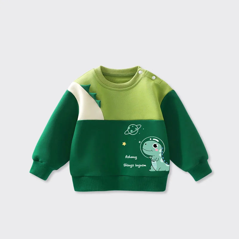 New Spring Kids Green Hoodie Children Cartoon Dinosaur Sweatshirt Girls Tops Boys Colour Block Outwear 12M-6T Unisex