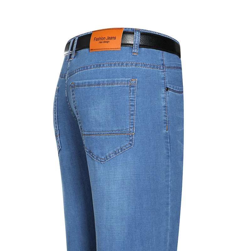 2025 Dunne of dikke stoffen kantoor- en zakenjeans voor heren, klassiek blauw, zwart, katoenen stretch, rechte denimbroek, herenmerkbroeken