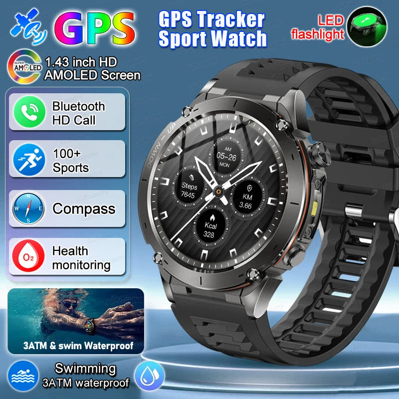 2025 New Rugged Military GPS Smart Watch Built-In GPS Tracker Compass Sports Fitness Tracking Smartwatch - Compatible with HUAWEI & Xiaomi IOS