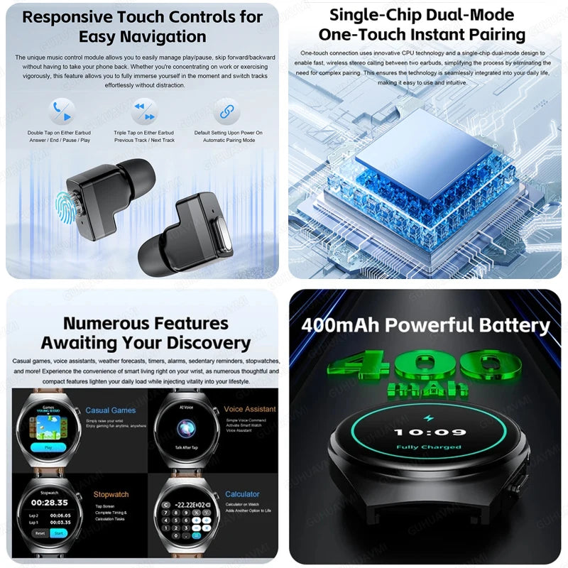 New Smart Watch Headset Two In One Wireless Bluetooth Dual Earbuds Call Health Monitor Sport Tracker Smartwatch - Compatible with HUAWEI IOS