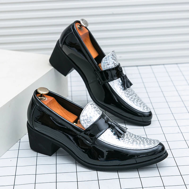 Height Increasing Male Formal Dress Shoes High Heel Men Popular Wedding Oxfords Black Silver Adult Leisure Casual Shoes