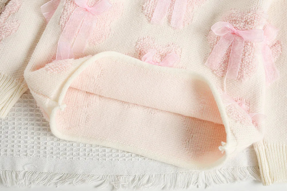 New Autumn Girls Knitted Sweater Sweet Bear Bow Kids Sweater Korean Loose Children Outwear Tops 9M-5T Girls
