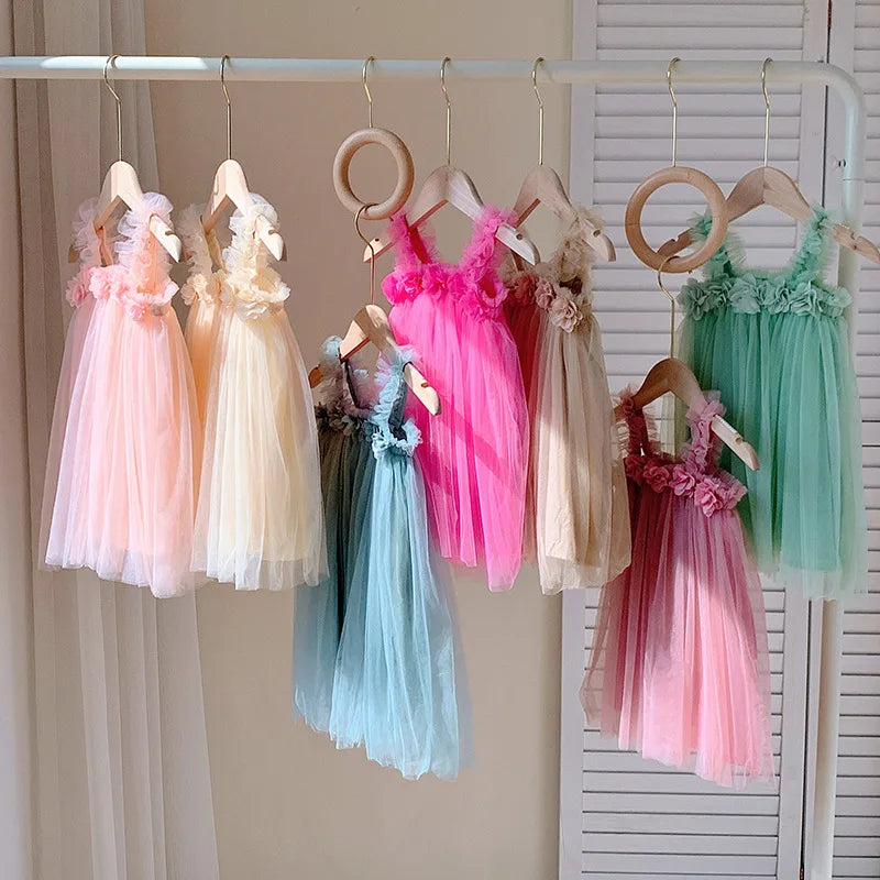 Summer Kids Sweet Mesh Dress Girls 6 Colours Suspended Floral Beach Skirt Children Tutu Princess Dress 1-6Y Girls