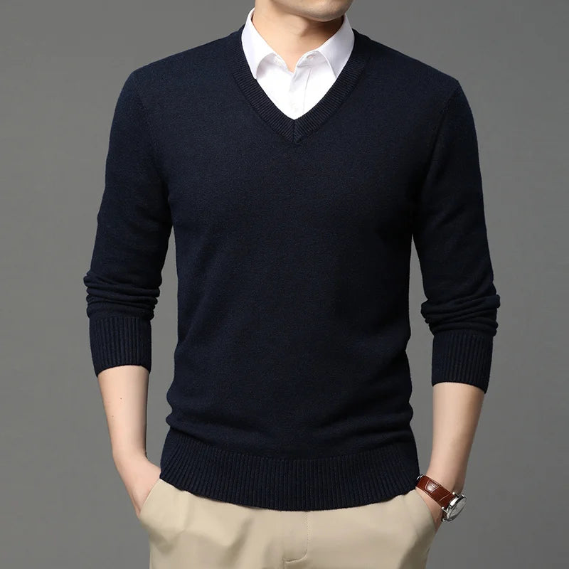 Men's High Quality Fashion Brand, Woollen Knit Pullover V-Neck Sweater, Autumn and Winter Casual Male Jumper