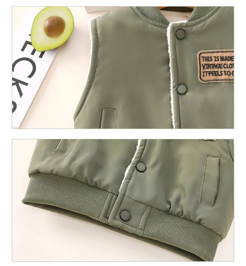 New Autumn Boy's Thicken Vest Cartoon Letter Kids Outwear Waistcoat Winter Warm Children Fleece Padded Clothes 1-7T Unisex