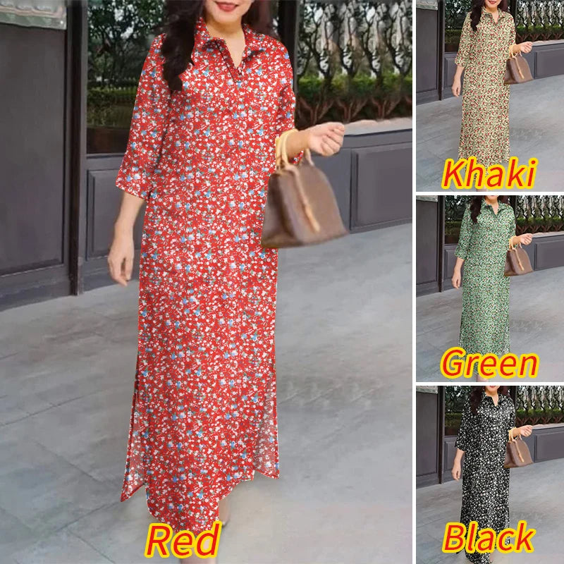 2025 Spring 3/4 Sleeve Maxi Dress Turn-down Collar Holiday Shirt Dress Loose Casual Floral Printed Women Vintage Vestidos