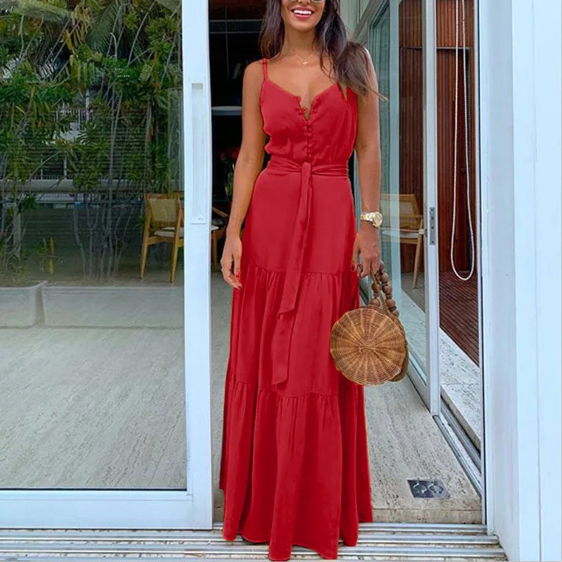 Summer New Women's Clothing European Style Unique Button V-neck Spliced Tank Dress Long Dress Sleeveless