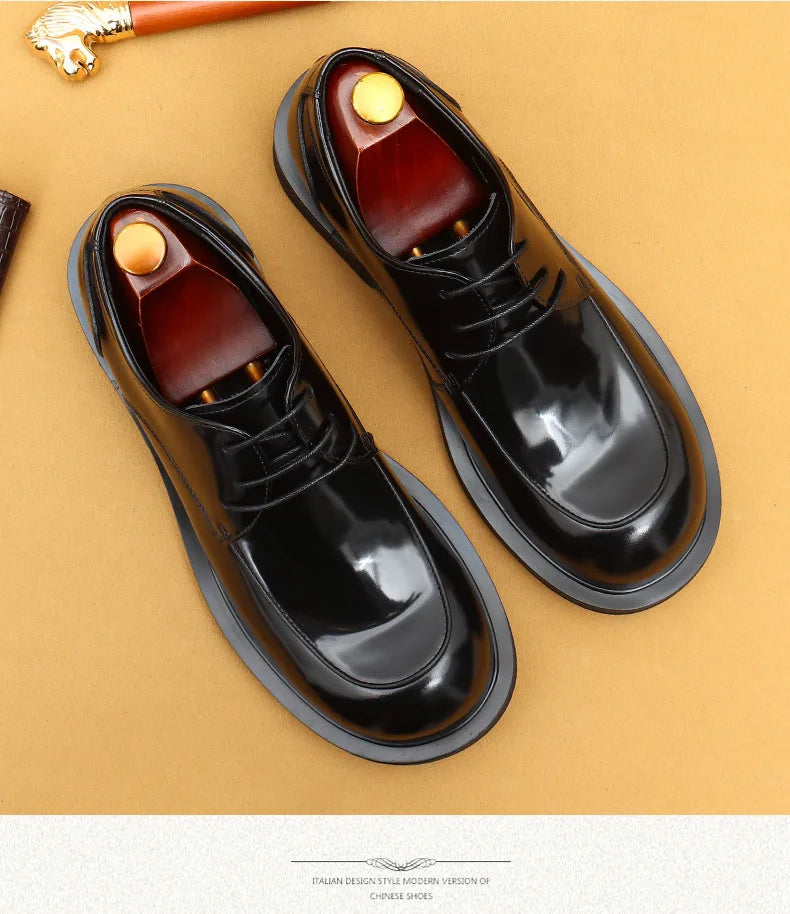 Men's business lace up casual leather shoes British big toe shoes cowhide patent leather round toe derby shoes Retro men's shoes