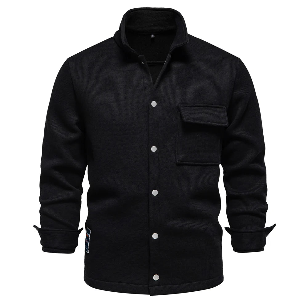Herrenjacke mit Waffel-Fleece-Futter, dick, warm, mit Tasche, Knopfleiste, Stehkragen, Oberbekleidung, Winterjacken, Mäntel für Herren