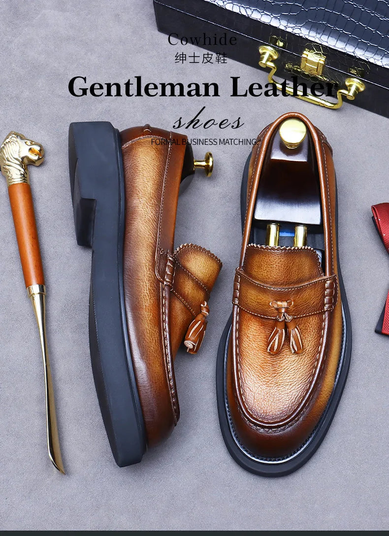 YETTIES Soft Leather Elegant Mens Dress Loafers Shoes Luxury Genuine Leather Tassel Thick Soled Wedding Social Formal Shoes
