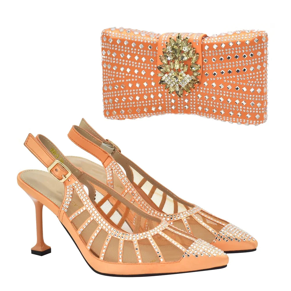 2025 Italian Shoes and Bags Matching Set Decorated with Rhinestone Plus Size Heels