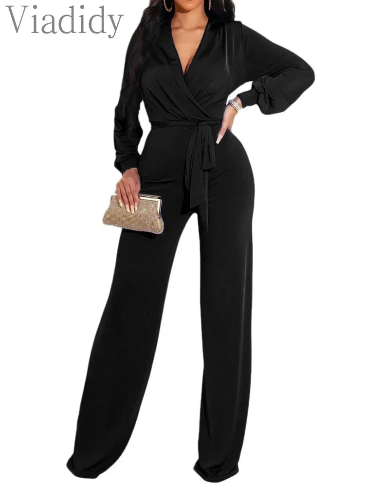 Women Solid Color Knitted V-Neck Long Sleeve Straight Jumpsuit With Belt
