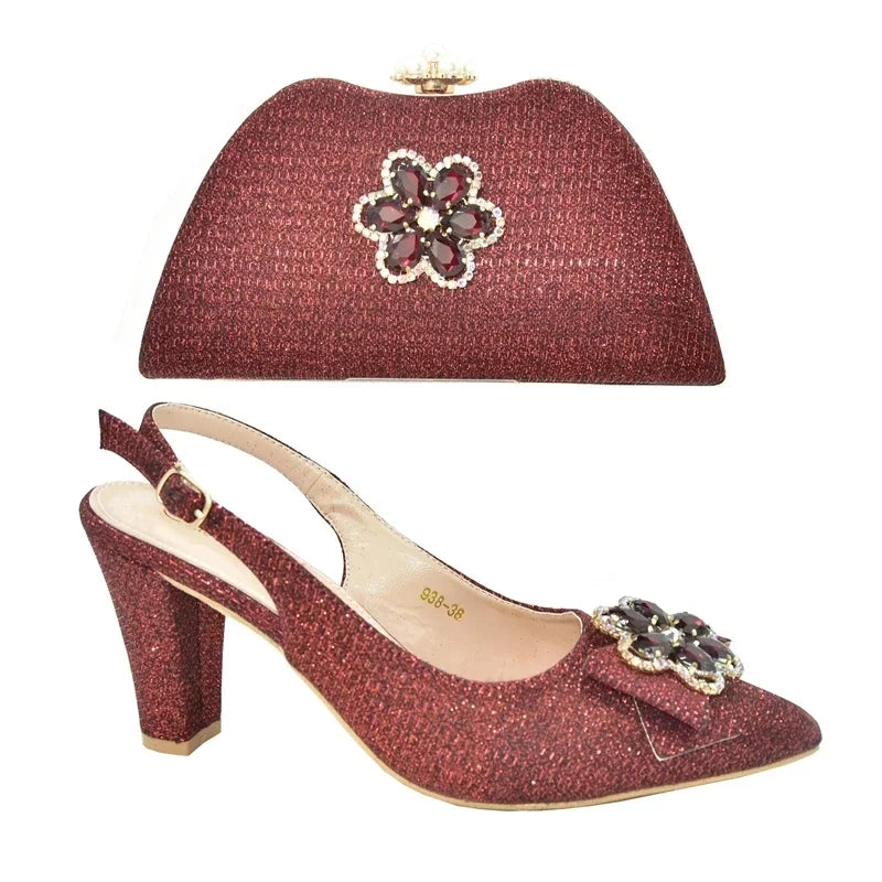African Shoes and Bags Matching Set Decorated with Rhinestone Nigerian Shoes and Matching Bag